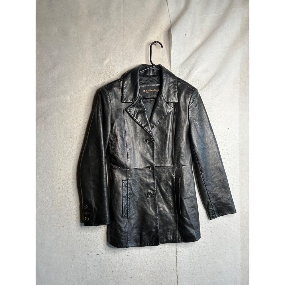 Marc New York Andrew Marc Black Leather Blazer Jacket Womens Small 3 Button Coat